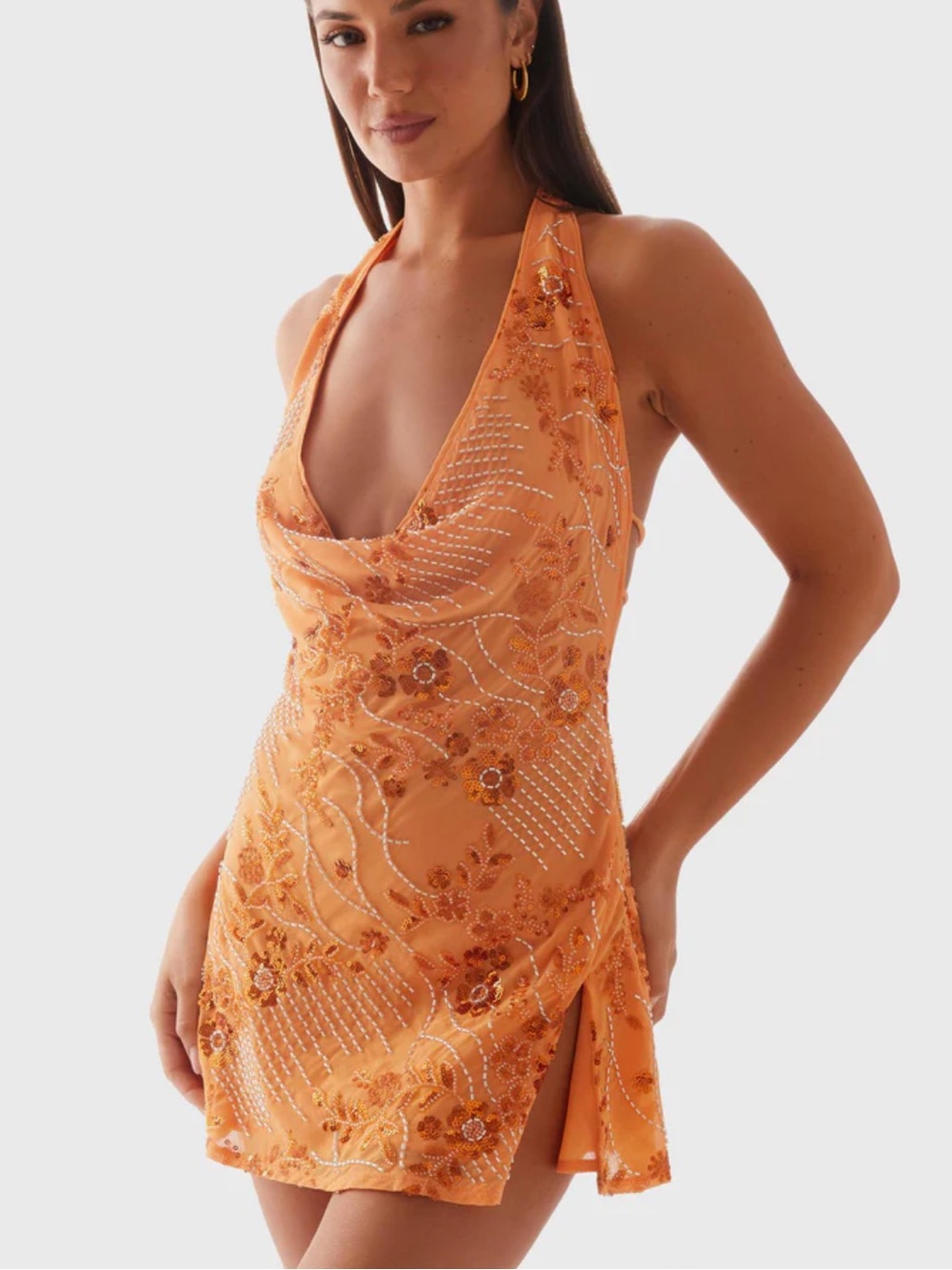 Peppermayo Orange Embellished Halter Mini Dress